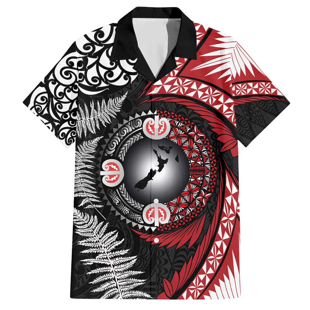 Tonga and New Zealand Together Family Matching Short Sleeve Bodycon Dress and Hawaiian Shirt Ngatu Art Tribal Maori Tattoo and Silver Fern