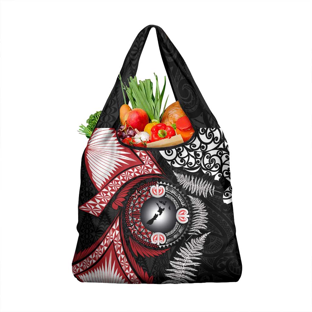 Tonga and New Zealand Together Grocery Bag Ngatu Art Tribal Maori Tattoo and Silver Fern