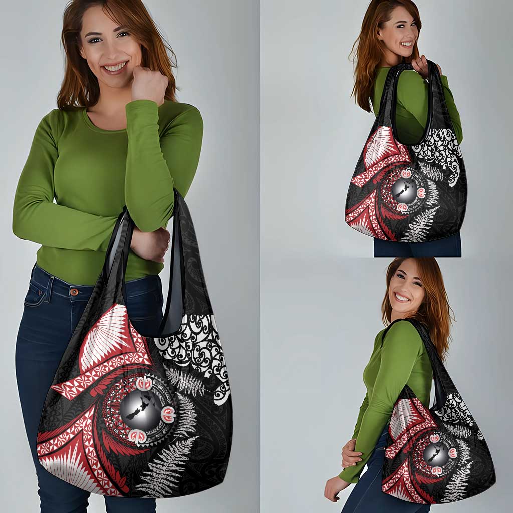 Tonga and New Zealand Together Grocery Bag Ngatu Art Tribal Maori Tattoo and Silver Fern