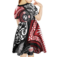 Tonga and New Zealand Together Kid Short Sleeve Dress Ngatu Art Tribal Maori Tattoo and Silver Fern