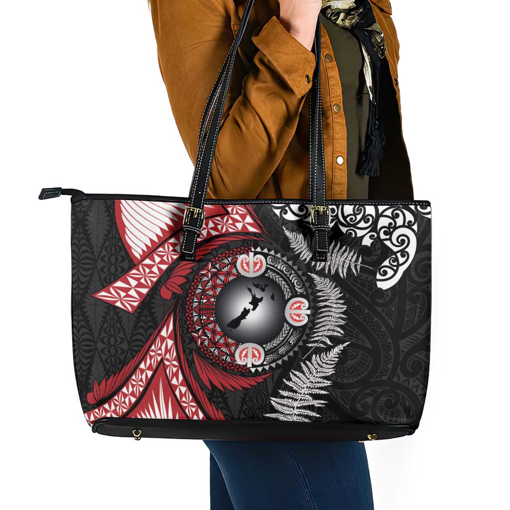 Tonga and New Zealand Together Leather Tote Bag Ngatu Art Tribal Maori Tattoo and Silver Fern
