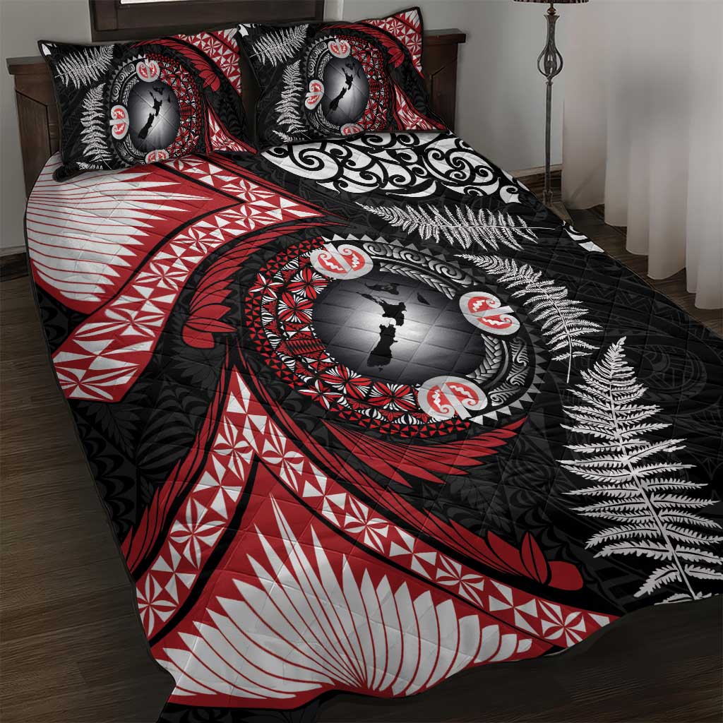 Tonga and New Zealand Together Quilt Bed Set Ngatu Art Tribal Maori Tattoo and Silver Fern