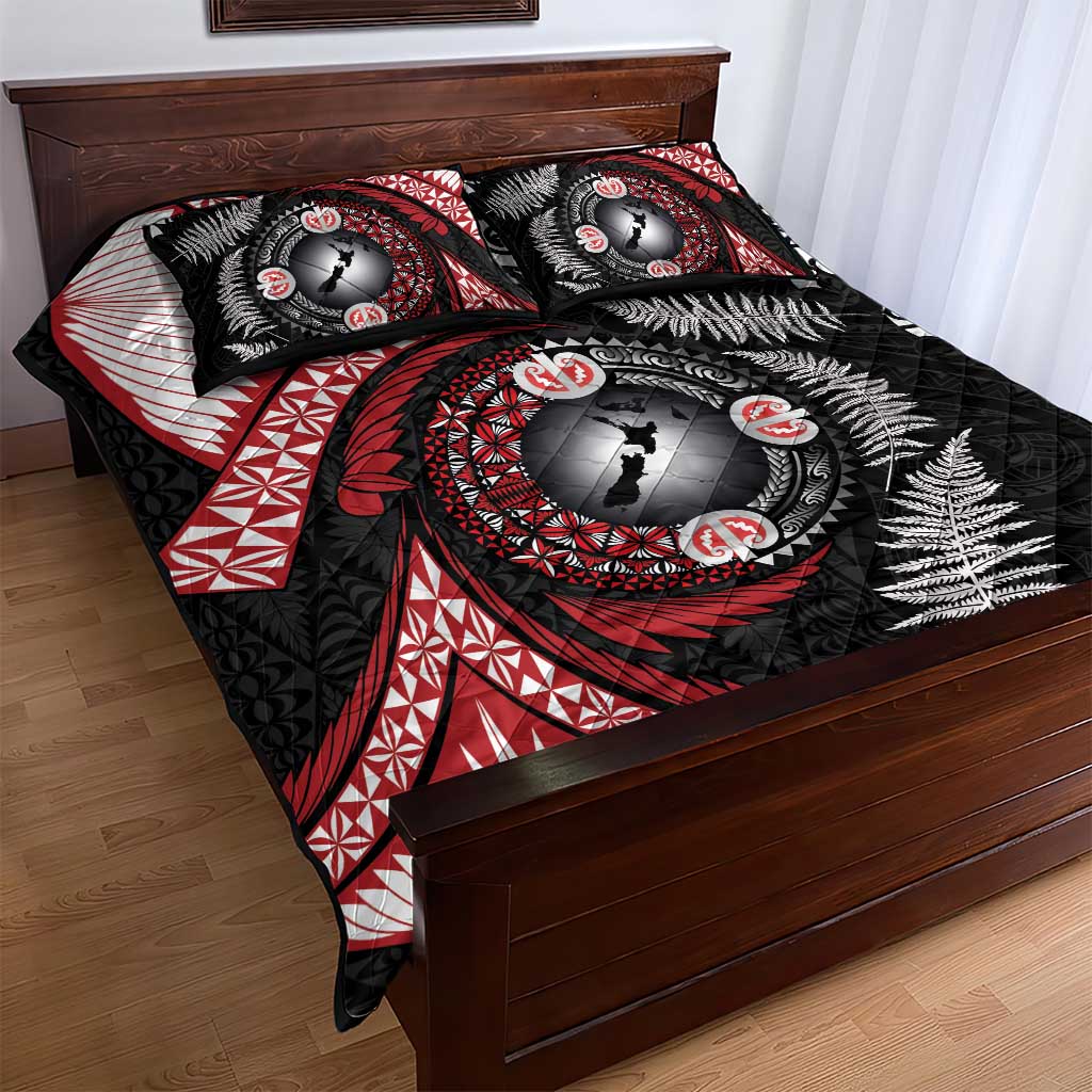 Tonga and New Zealand Together Quilt Bed Set Ngatu Art Tribal Maori Tattoo and Silver Fern