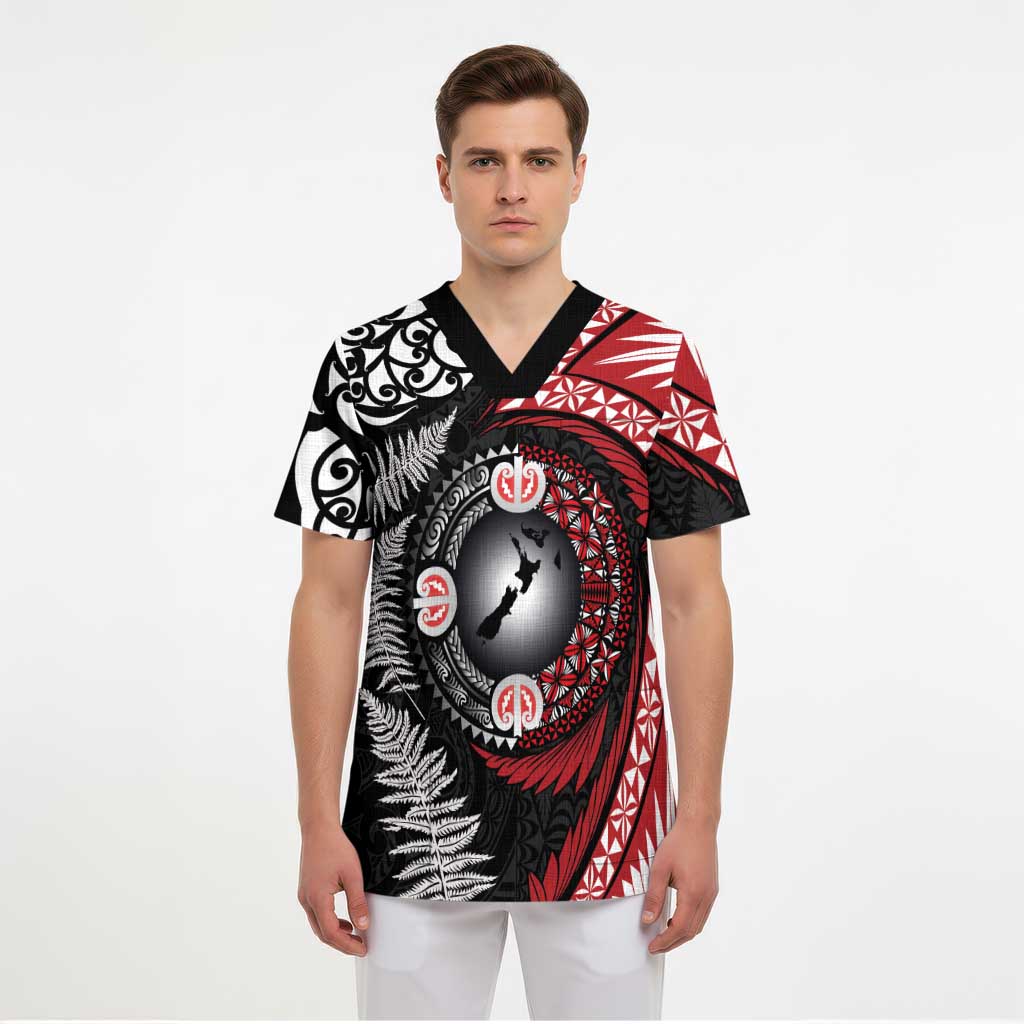 Tonga and New Zealand Together Scrub Top Ngatu Art Tribal Maori Tattoo and Silver Fern - Polynesian Pride