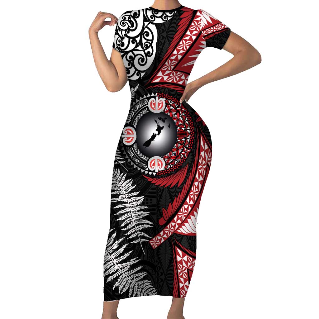 Tonga and New Zealand Together Short Sleeve Bodycon Dress Ngatu Art Tribal Maori Tattoo and Silver Fern