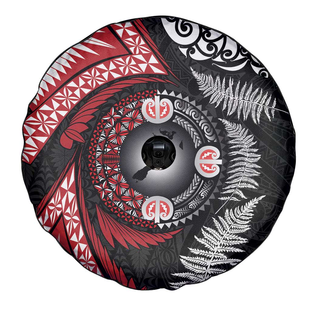Tonga and New Zealand Together Spare Tire Cover Ngatu Art Tribal Maori Tattoo and Silver Fern
