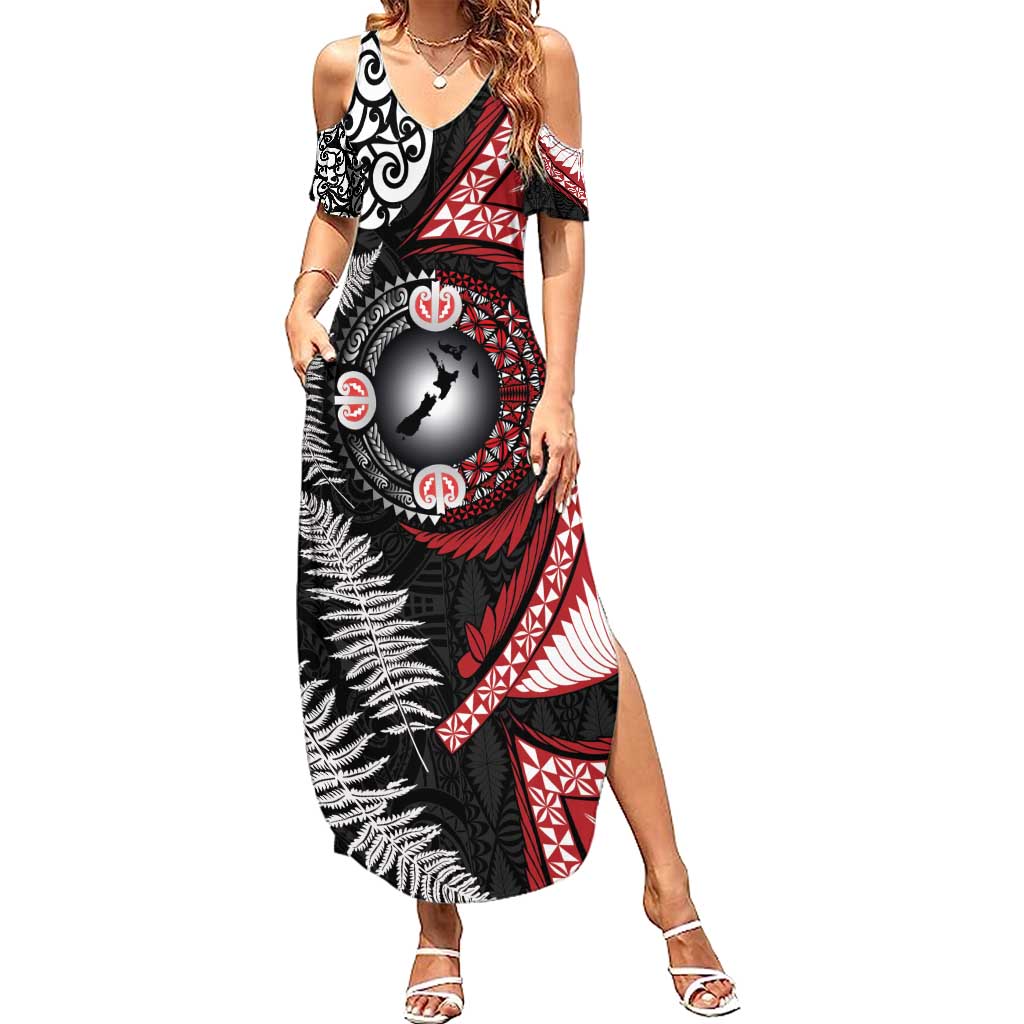 Tonga and New Zealand Together Summer Maxi Dress Ngatu Art Tribal Maori Tattoo and Silver Fern