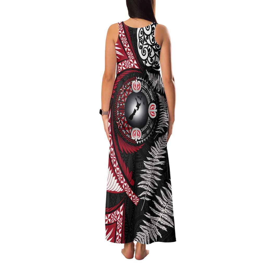 Tonga and New Zealand Together Tank Maxi Dress Ngatu Art Tribal Maori Tattoo and Silver Fern