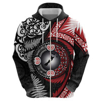 Tonga and New Zealand Together Zip Hoodie Ngatu Art Tribal Maori Tattoo and Silver Fern