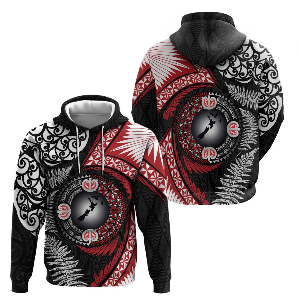 Tonga and New Zealand Together Zip Hoodie Ngatu Art Tribal Maori Tattoo and Silver Fern