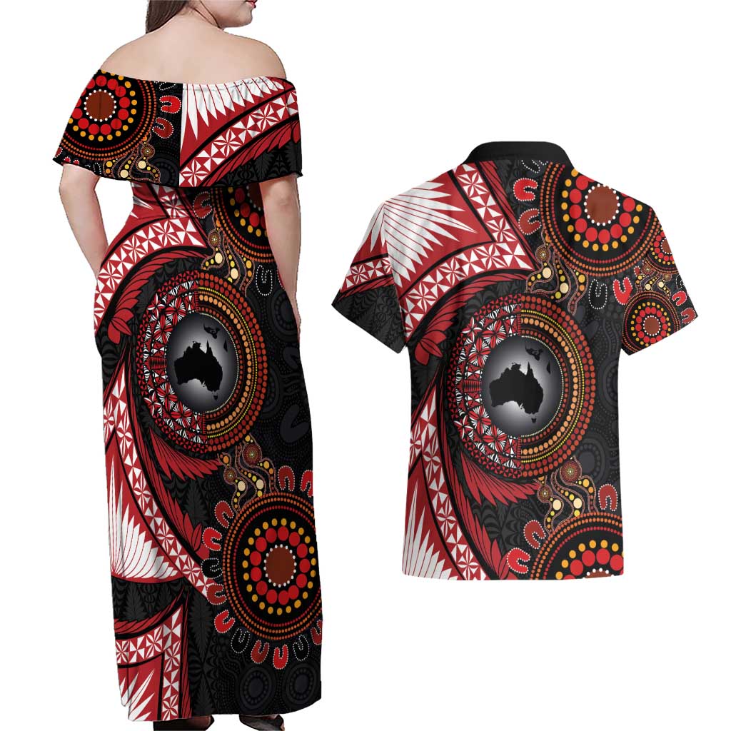 Tonga and Australia Together Couples Matching Off Shoulder Maxi Dress and Hawaiian Shirt Ngatu Art Tribal Aboriginal Tattoo Pattern