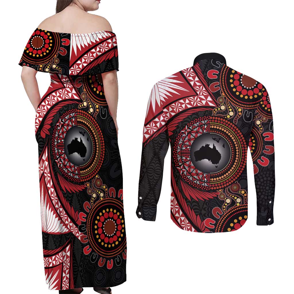 Tonga and Australia Together Couples Matching Off Shoulder Maxi Dress and Long Sleeve Button Shirt Ngatu Art Tribal Aboriginal Tattoo Pattern