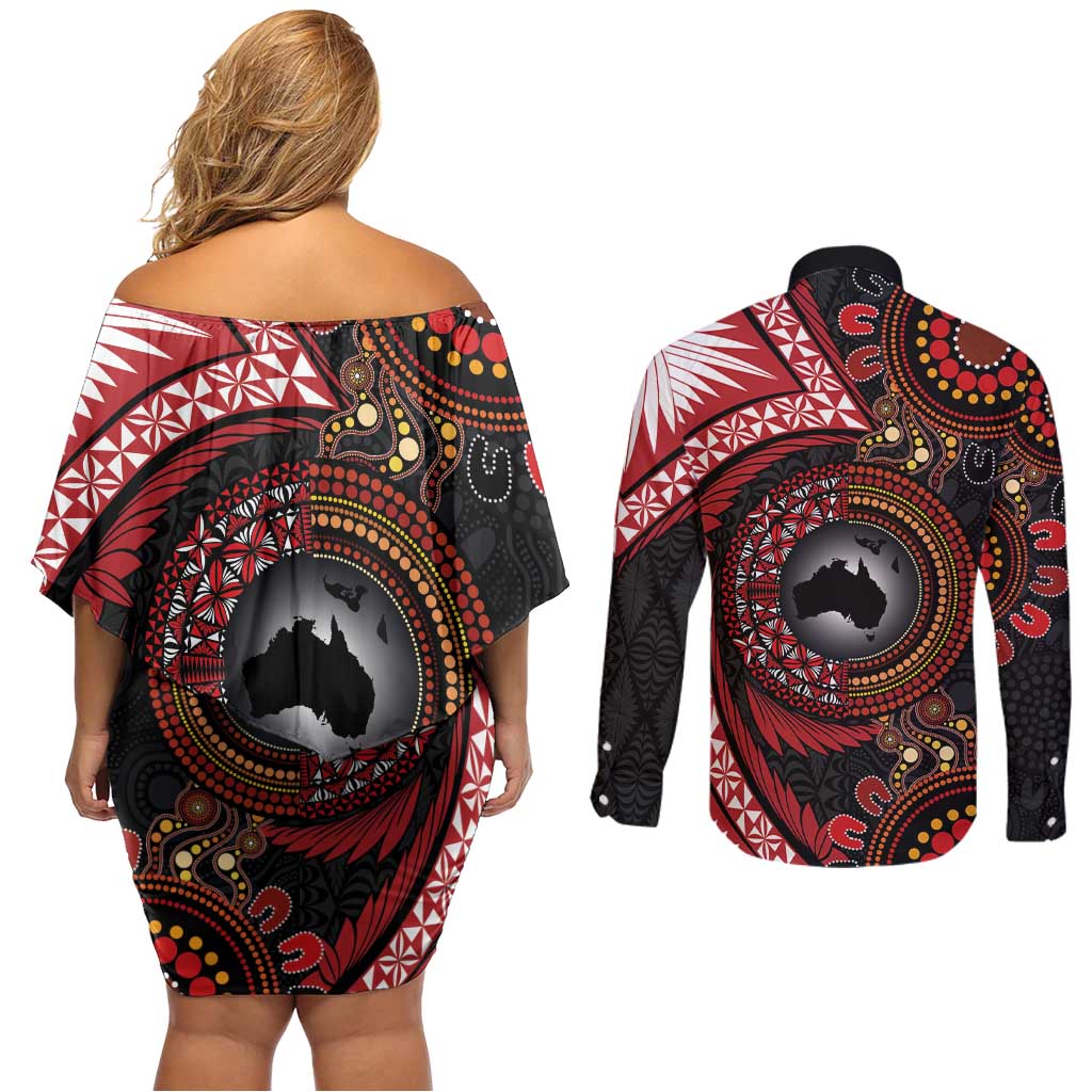 Tonga and Australia Together Couples Matching Off Shoulder Short Dress and Long Sleeve Button Shirt Ngatu Art Tribal Aboriginal Tattoo Pattern