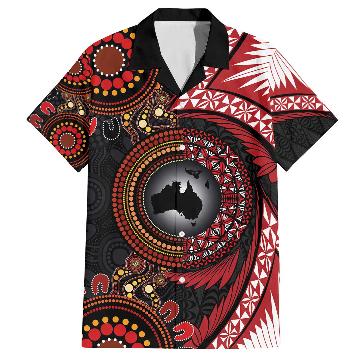 Tonga and Australia Together Family Matching Off The Shoulder Long Sleeve Dress and Hawaiian Shirt Ngatu Art Tribal Aboriginal Tattoo Pattern