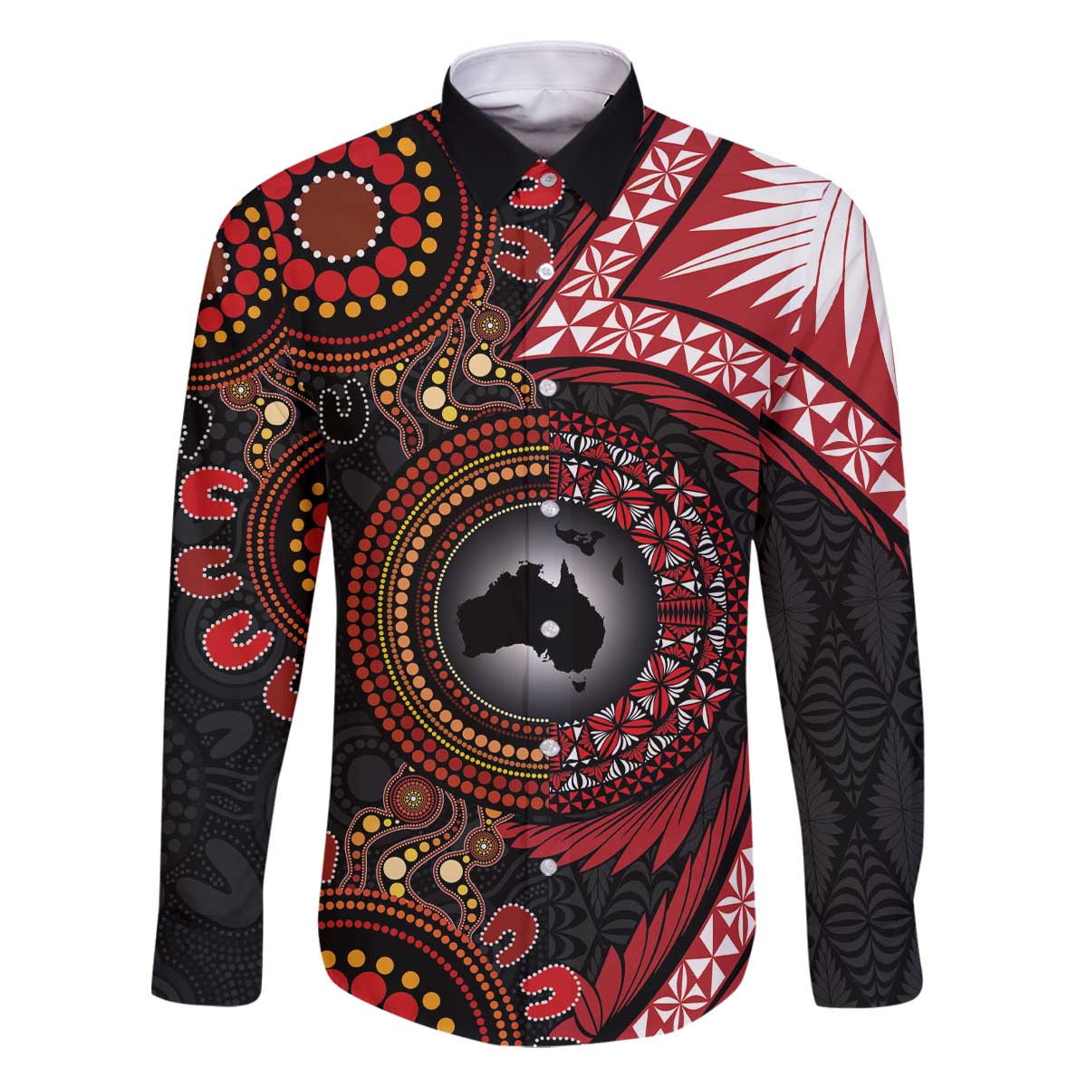 Tonga and Australia Together Family Matching Off The Shoulder Long Sleeve Dress and Hawaiian Shirt Ngatu Art Tribal Aboriginal Tattoo Pattern