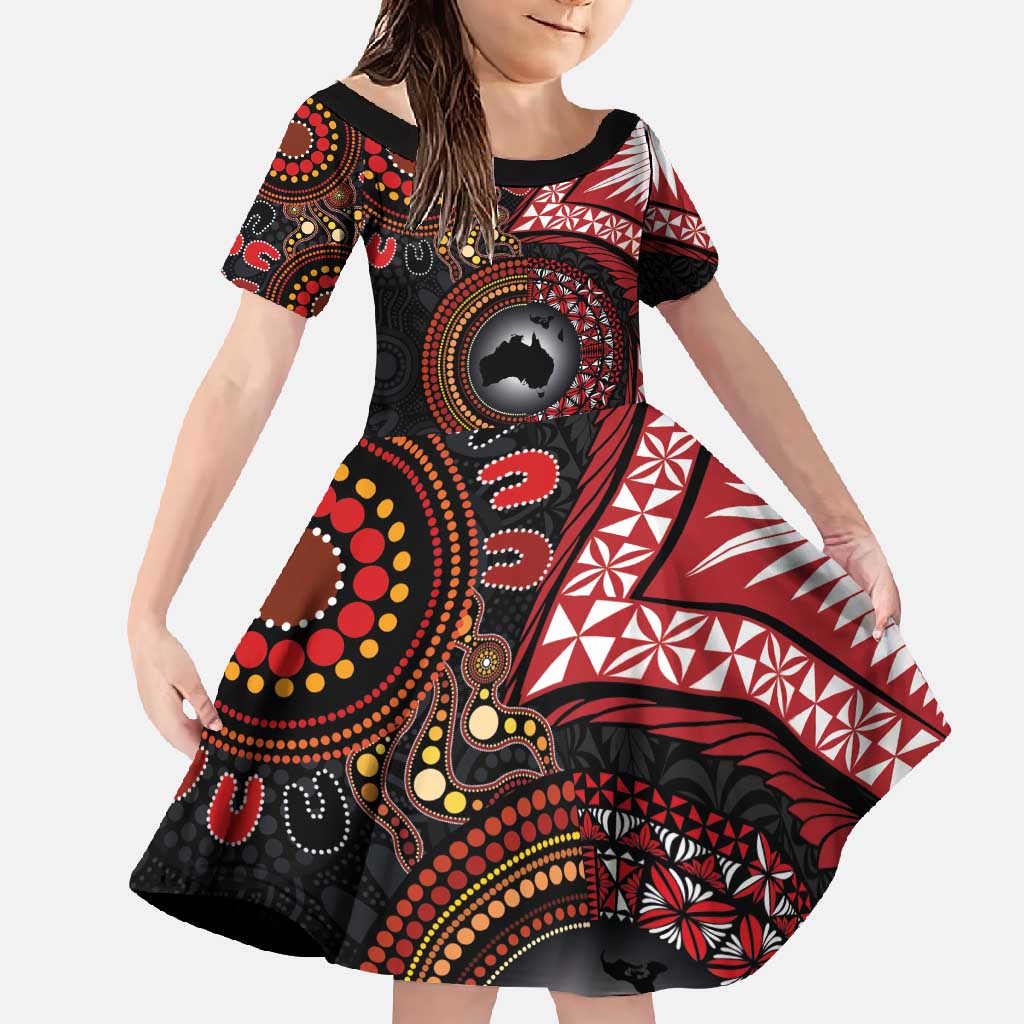Tonga and Australia Together Family Matching Tank Maxi Dress and Hawaiian Shirt Ngatu Art Tribal Aboriginal Tattoo Pattern
