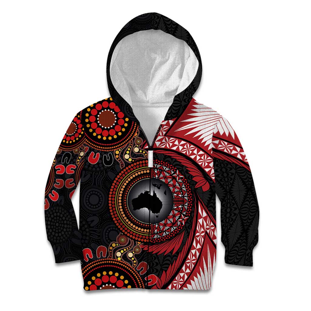 Tonga and Australia Together Kid Hoodie Ngatu Art Tribal Aboriginal Tattoo Pattern LT03 Zip Hoodie Black - Polynesian Pride