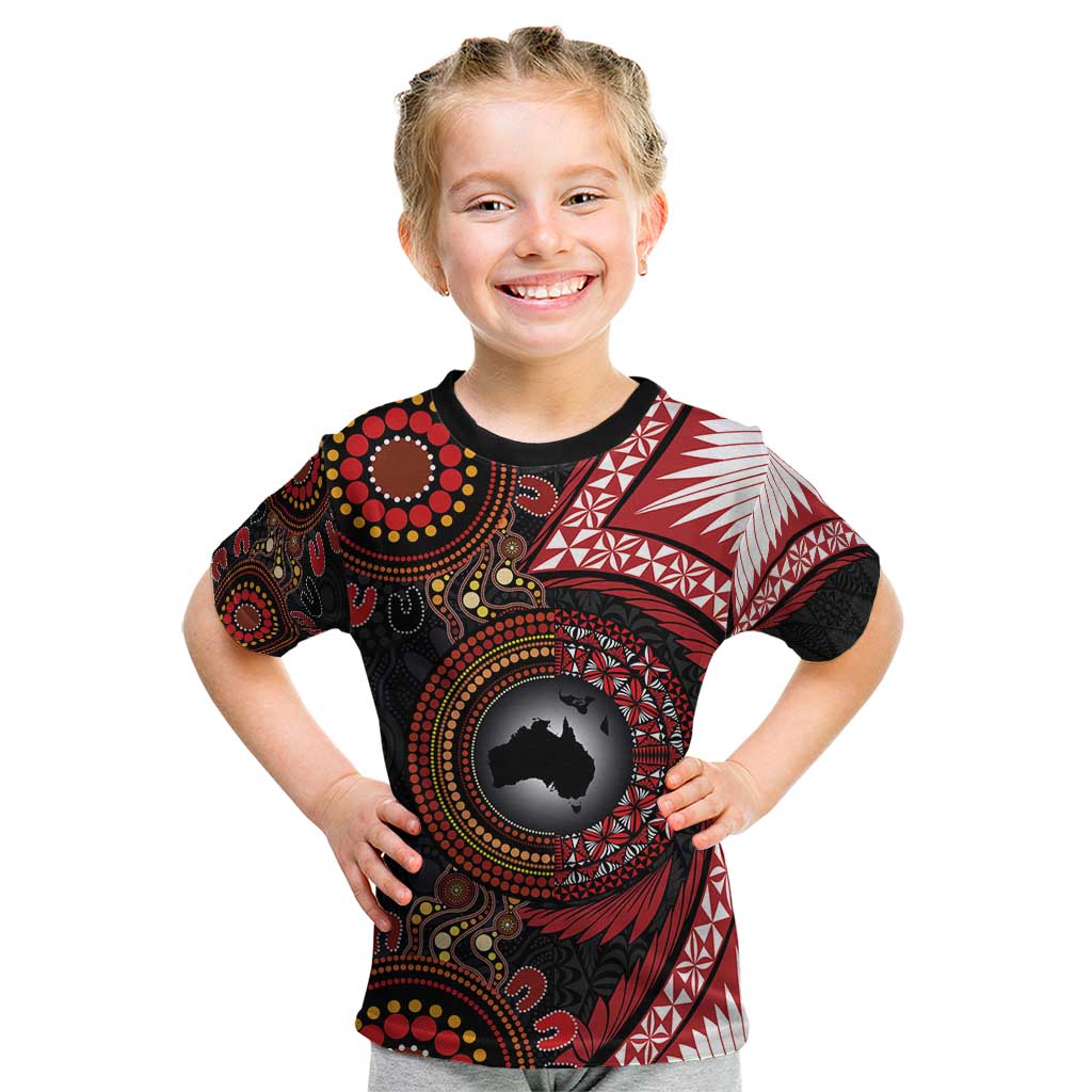 Tonga and Australia Together Kid T Shirt Ngatu Art Tribal Aboriginal Tattoo Pattern LT03 Black - Polynesian Pride