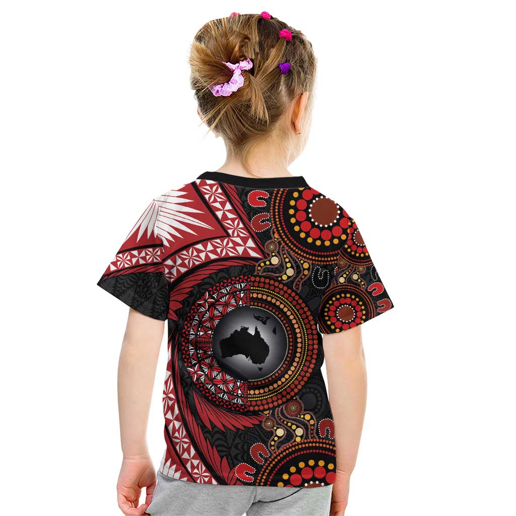 Tonga and Australia Together Kid T Shirt Ngatu Art Tribal Aboriginal Tattoo Pattern LT03 - Polynesian Pride