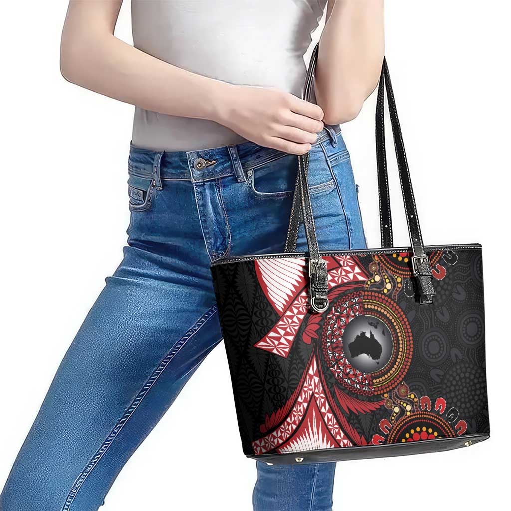 Tonga and Australia Together Leather Tote Bag Ngatu Art Tribal Aboriginal Tattoo Pattern