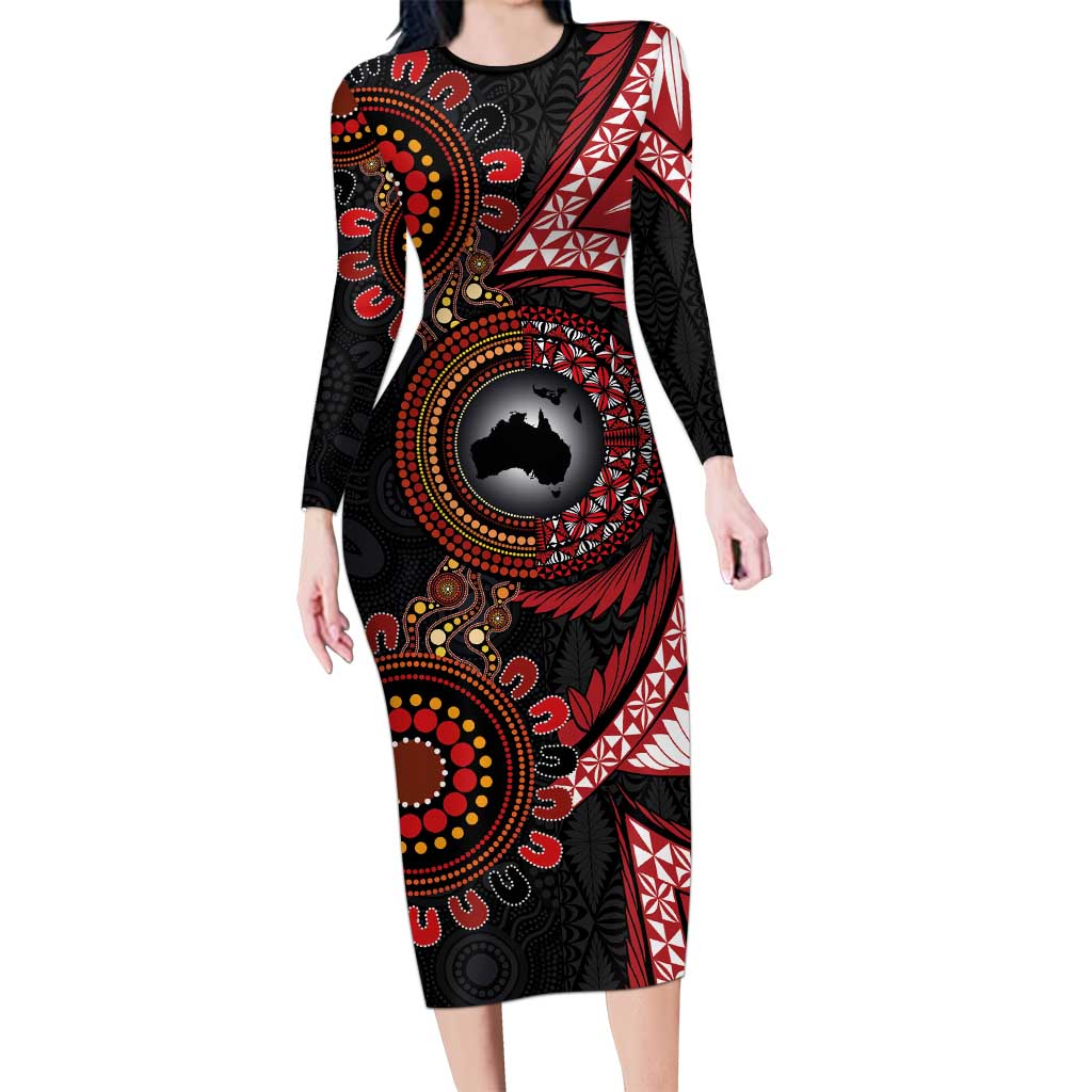 Tonga and Australia Together Long Sleeve Bodycon Dress Ngatu Art Tribal Aboriginal Tattoo Pattern