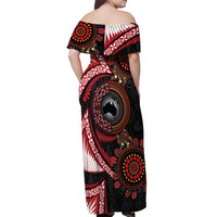 Tonga and Australia Together Off Shoulder Maxi Dress Ngatu Art Tribal Aboriginal Tattoo Pattern
