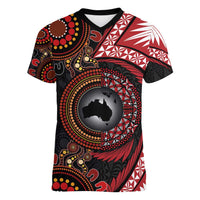 Tonga and Australia Together Women V-Neck T-Shirt Ngatu Art Tribal Aboriginal Tattoo Pattern LT03 Female Black - Polynesian Pride