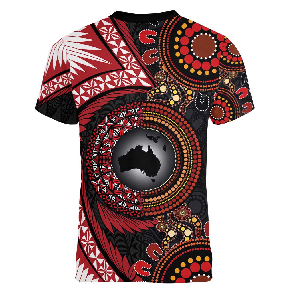 Tonga and Australia Together Women V-Neck T-Shirt Ngatu Art Tribal Aboriginal Tattoo Pattern LT03 - Polynesian Pride