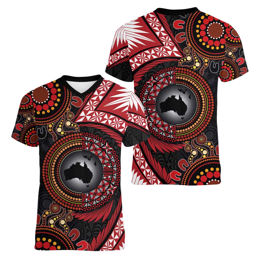 Tonga and Australia Together Women V-Neck T-Shirt Ngatu Art Tribal Aboriginal Tattoo Pattern LT03 - Polynesian Pride