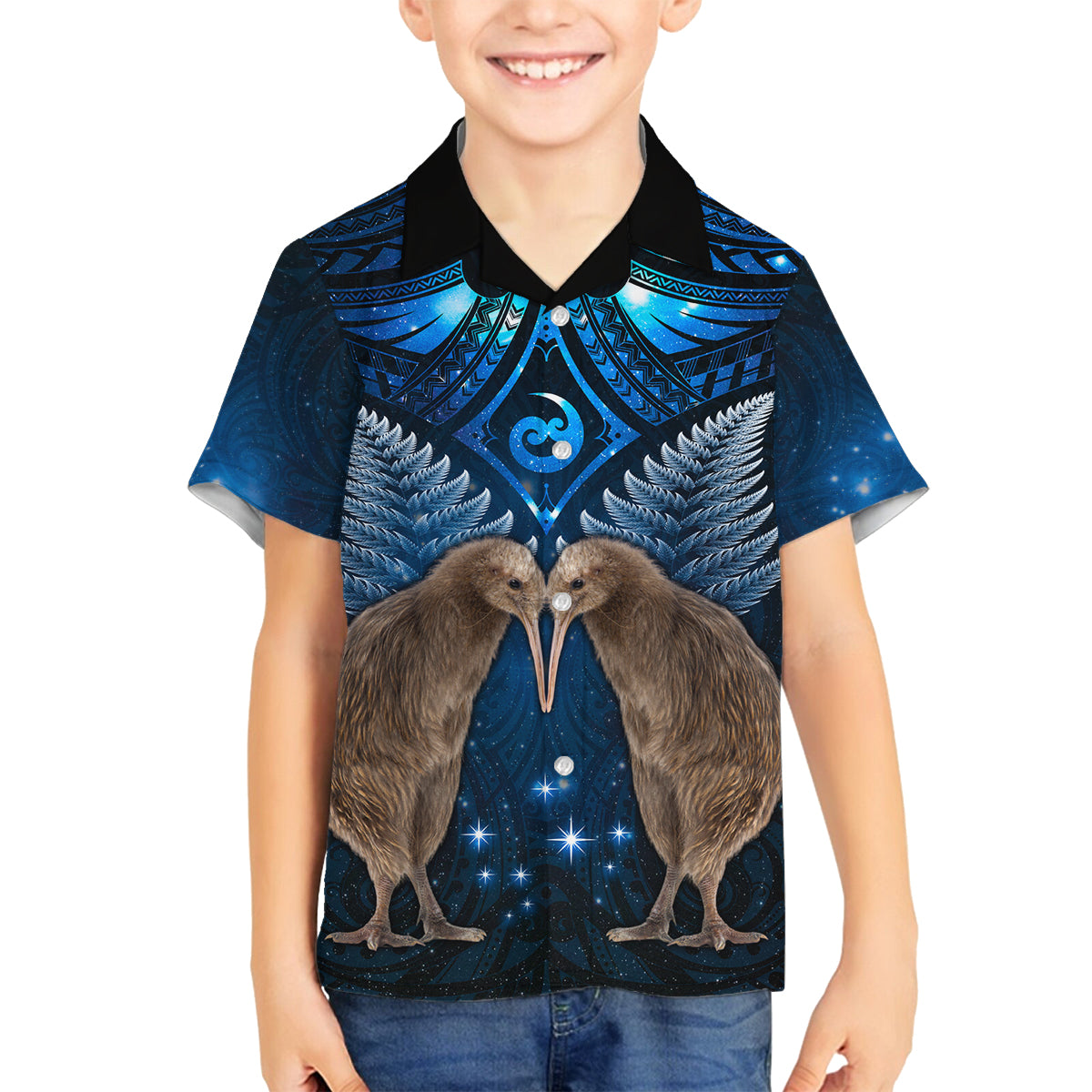 New Zealand Maori Matariki Family Matching Off The Shoulder Long Sleeve Dress and Hawaiian Shirt Hongi Kiwi Bird and Silver Fern LT03