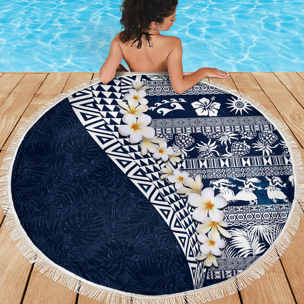 Hawaii Plumeria Tribal Vintage Beach Blanket Special Blue