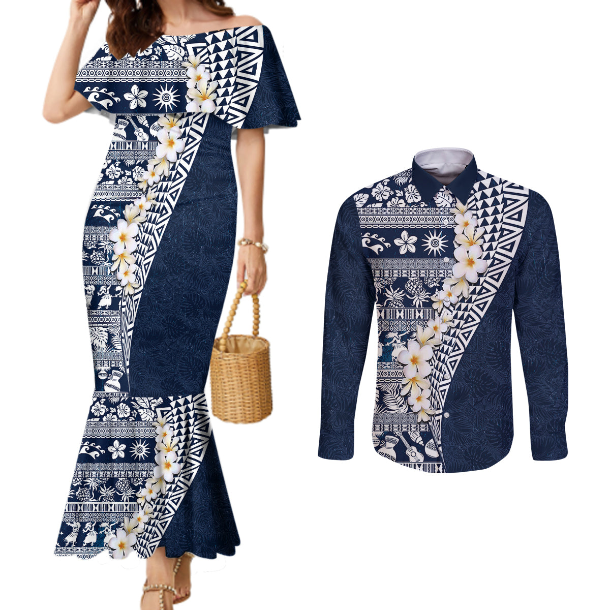 Hawaii Plumeria Tribal Vintage Couples Matching Mermaid Dress and Long Sleeve Button Shirt Special Blue