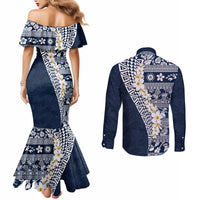 Hawaii Plumeria Tribal Vintage Couples Matching Mermaid Dress and Long Sleeve Button Shirt Special Blue