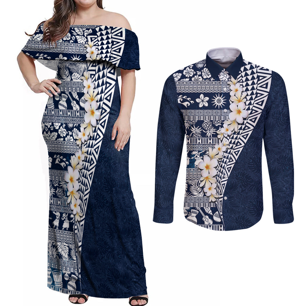 Hawaii Plumeria Tribal Vintage Couples Matching Off Shoulder Maxi Dress and Long Sleeve Button Shirt Special Blue