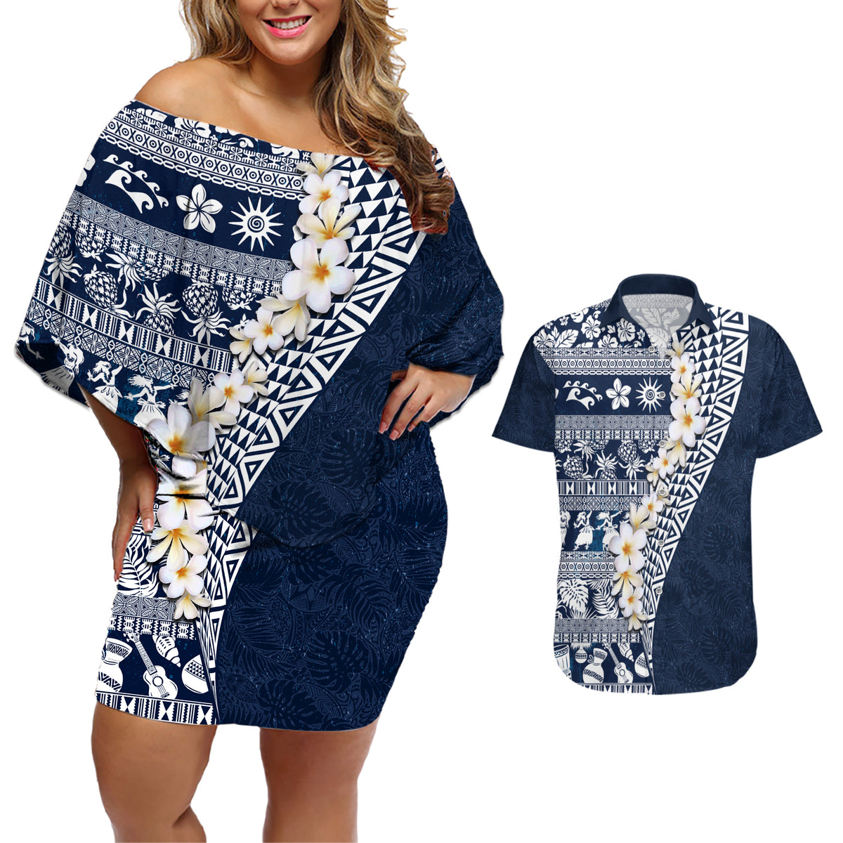 Hawaii Plumeria Tribal Vintage Couples Matching Off Shoulder Short Dress and Hawaiian Shirt Special Blue