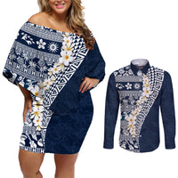Hawaii Plumeria Tribal Vintage Couples Matching Off Shoulder Short Dress and Long Sleeve Button Shirt Special Blue