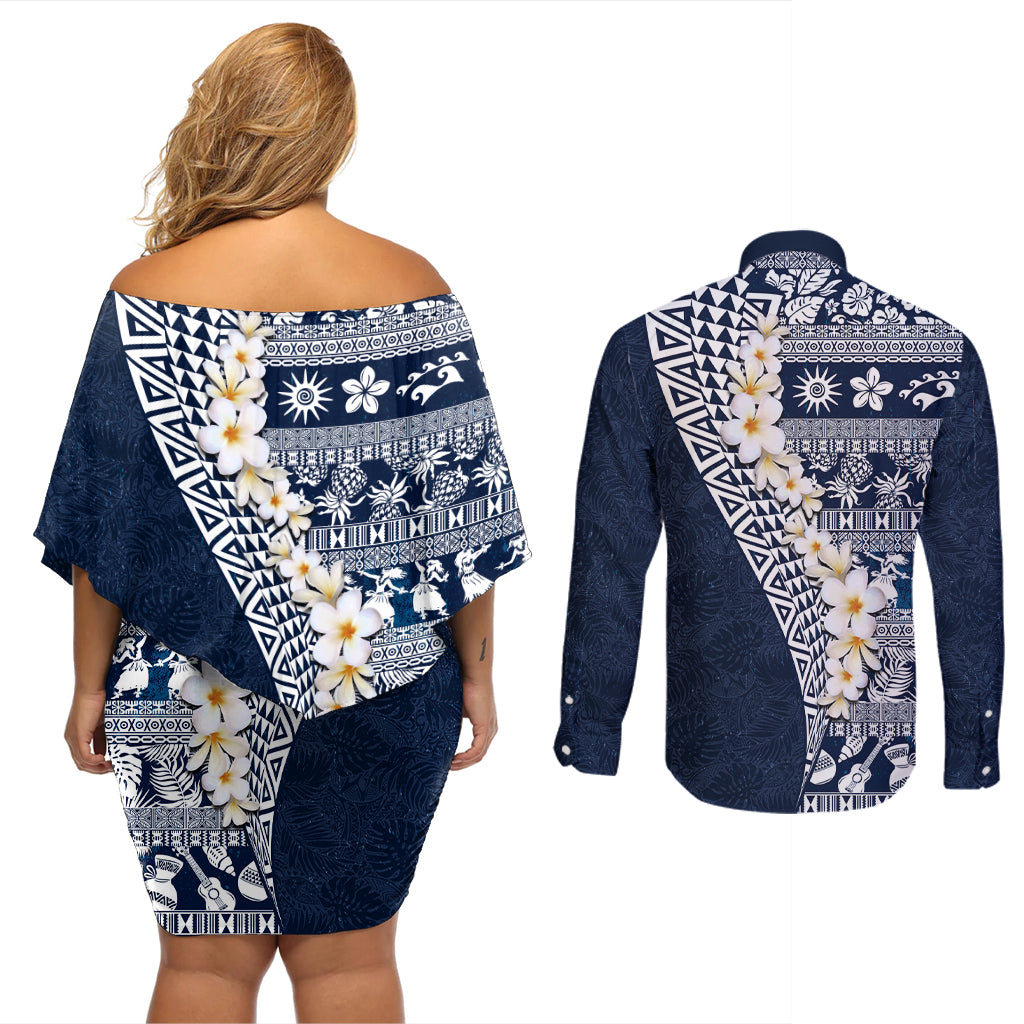 Hawaii Plumeria Tribal Vintage Couples Matching Off Shoulder Short Dress and Long Sleeve Button Shirt Special Blue