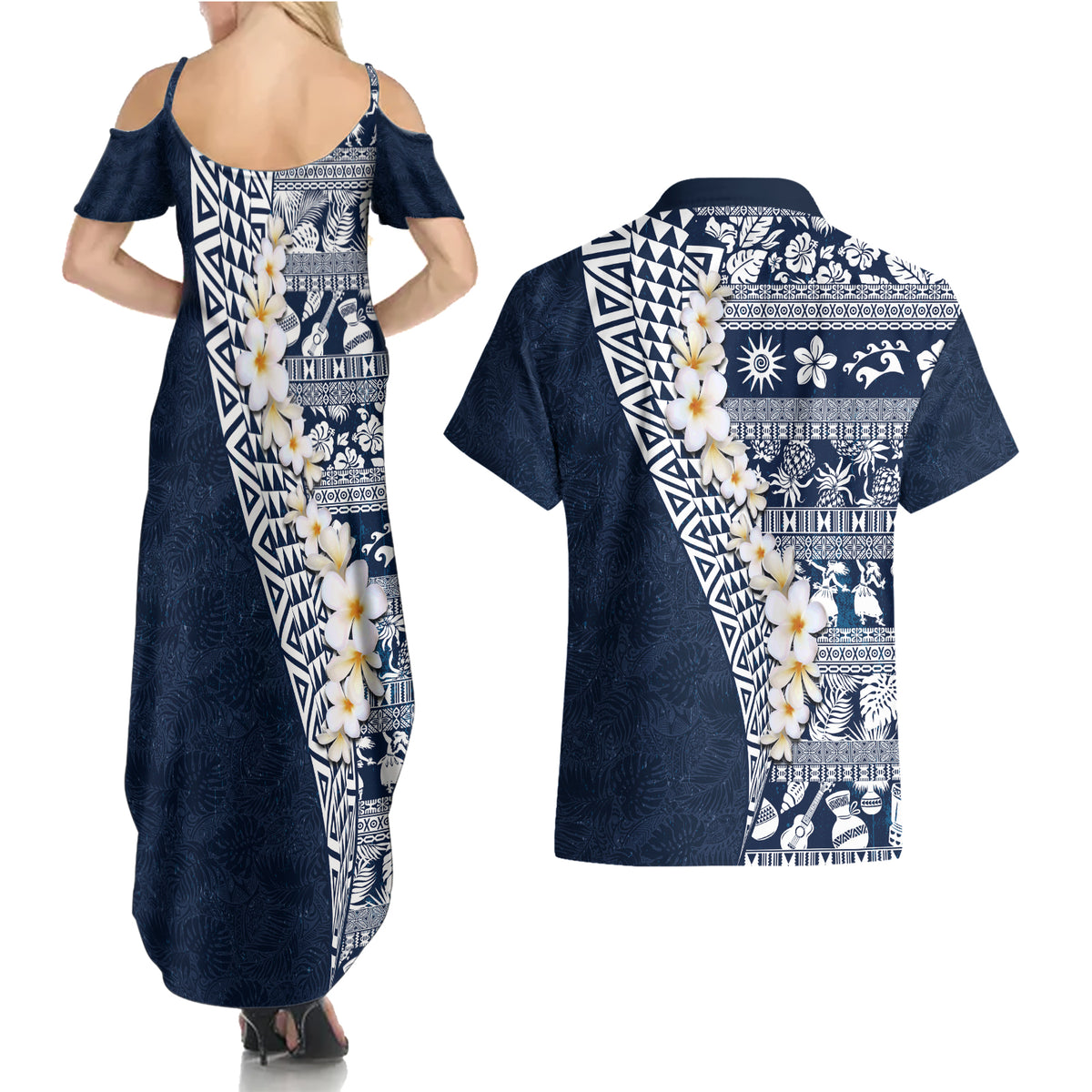 Hawaii Plumeria Tribal Vintage Couples Matching Summer Maxi Dress and Hawaiian Shirt Special Blue