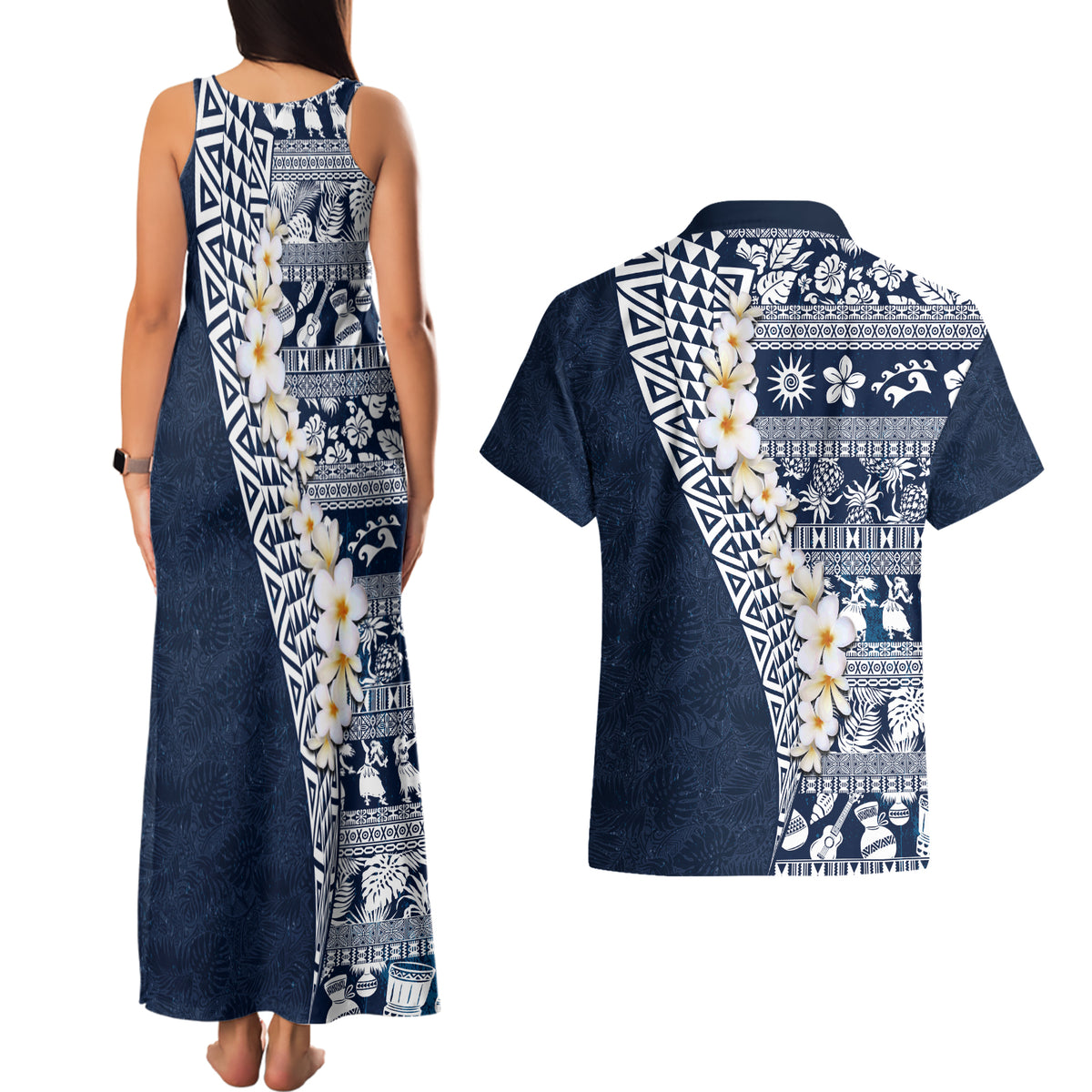 Hawaii Plumeria Tribal Vintage Couples Matching Tank Maxi Dress and Hawaiian Shirt Special Blue
