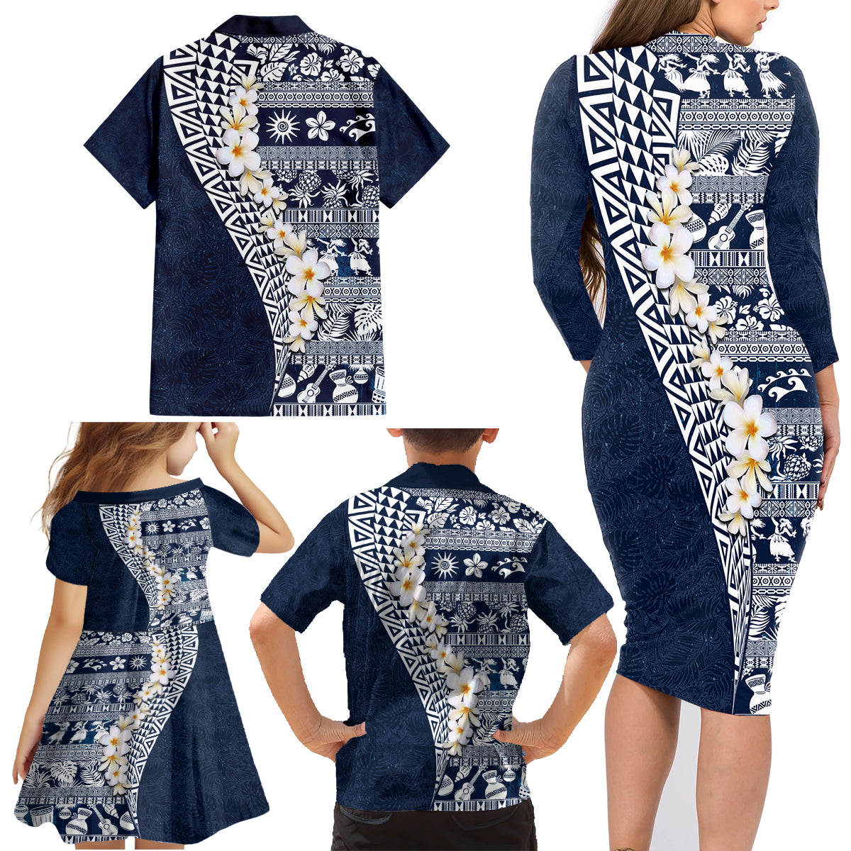 Hawaii Plumeria Tribal Vintage Family Matching Long Sleeve Bodycon Dress and Hawaiian Shirt Special Blue