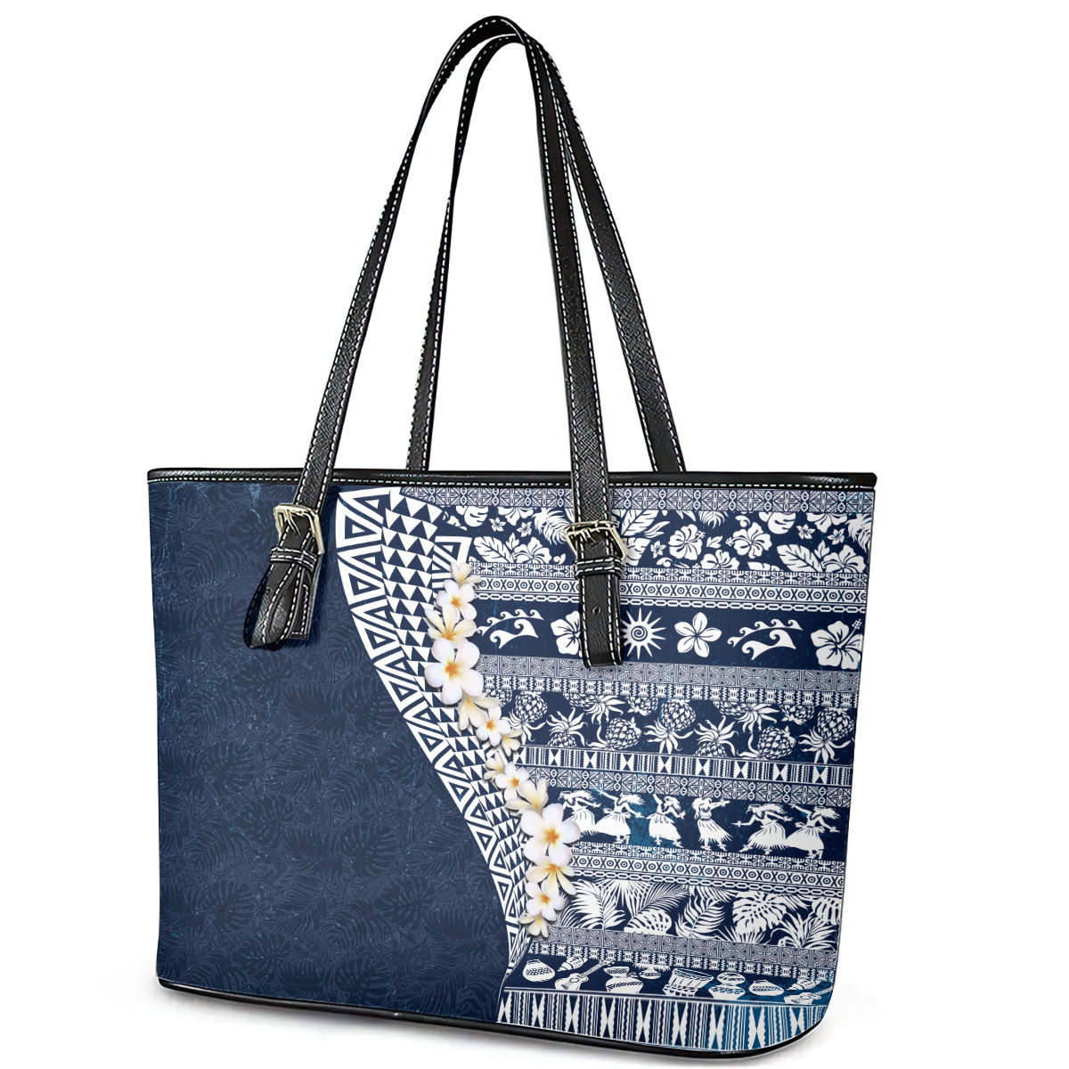 Hawaii Plumeria Tribal Vintage Leather Tote Bag Special Blue