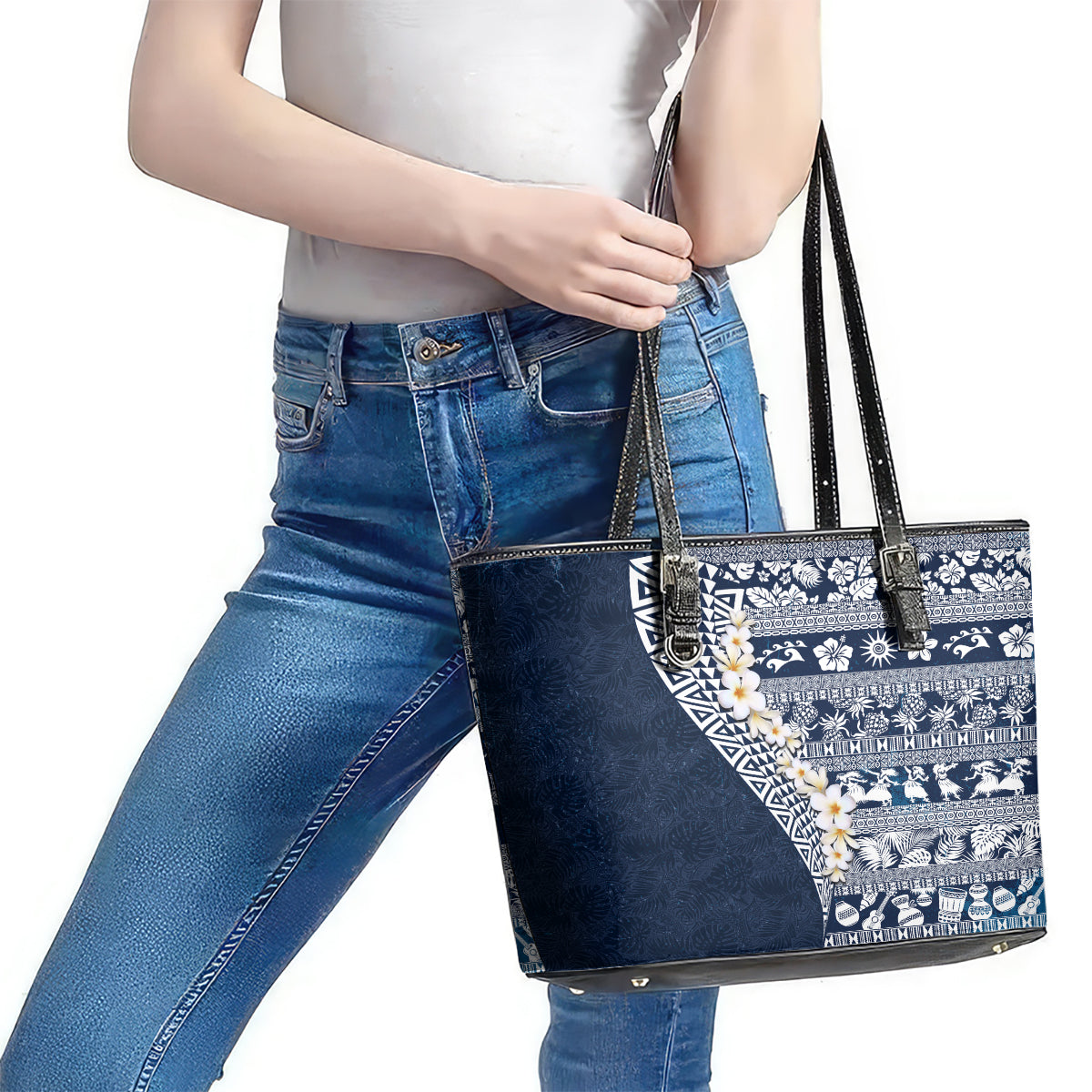Hawaii Plumeria Tribal Vintage Leather Tote Bag Special Blue