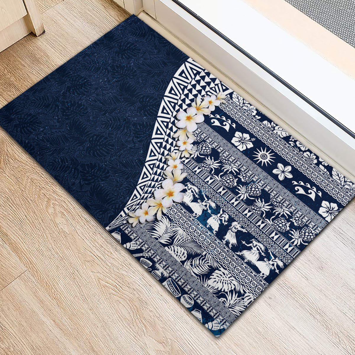 Hawaii Plumeria Tribal Vintage Rubber Doormat Special Blue LT03 - Polynesian Pride
