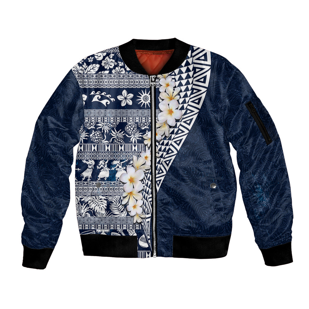 Hawaii Plumeria Tribal Vintage Sleeve Zip Bomber Jacket Special Blue