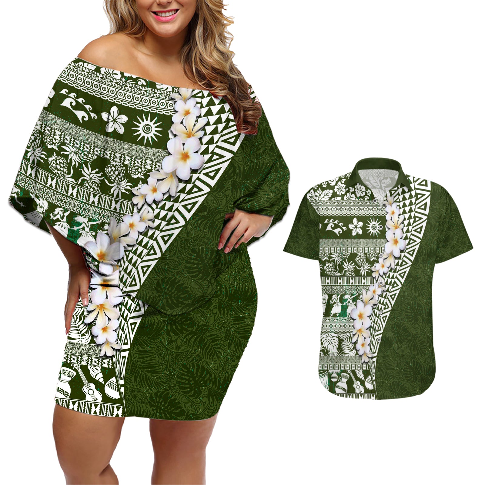 Hawaii Plumeria Tribal Vintage Couples Matching Off Shoulder Short Dress and Hawaiian Shirt Special Green