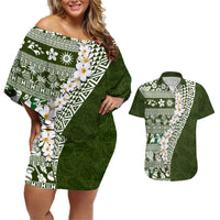 Hawaii Plumeria Tribal Vintage Couples Matching Off Shoulder Short Dress and Hawaiian Shirt Special Green