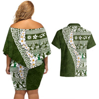 Hawaii Plumeria Tribal Vintage Couples Matching Off Shoulder Short Dress and Hawaiian Shirt Special Green