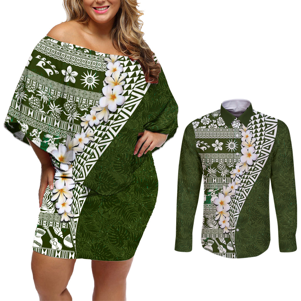 Hawaii Plumeria Tribal Vintage Couples Matching Off Shoulder Short Dress and Long Sleeve Button Shirt Special Green