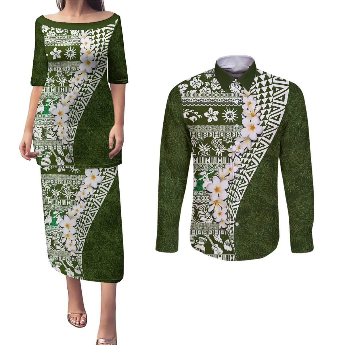 Hawaii Plumeria Tribal Vintage Couples Matching Puletasi and Long Sleeve Button Shirt Special Green