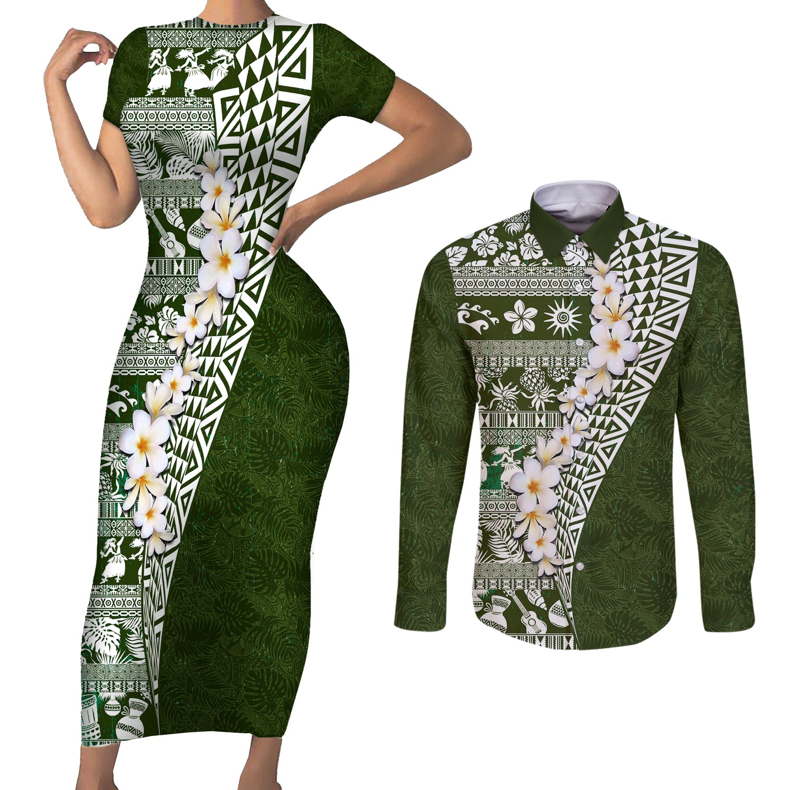 Hawaii Plumeria Tribal Vintage Couples Matching Short Sleeve Bodycon Dress and Long Sleeve Button Shirt Special Green